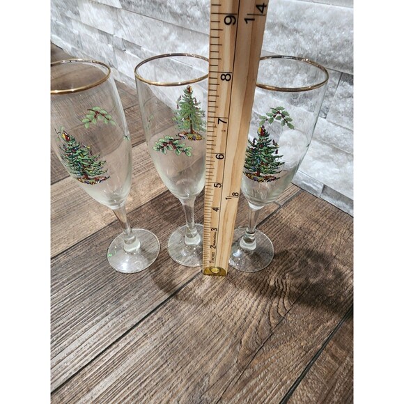 Set of 3 Spode Christmas Tree Champagne Flutes with Gold Rim 8" T - 5.75 oz - Picture 3 of 6